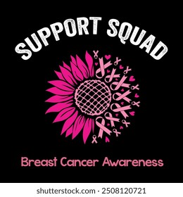 Support squad Breast Cancer Awareness pink sunflower  illustration Vector design to celebrate Breast Cancer Awareness Month in October.