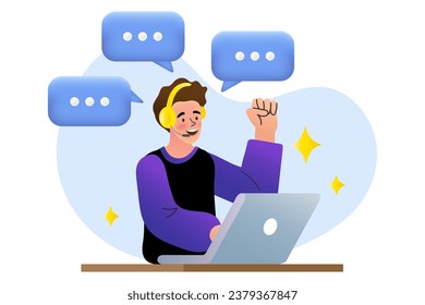 Support staff help fixing technical problem. help desk or operator with phone call or chat to assist customer. helpful man with headset talking with customer help solve computer problem.