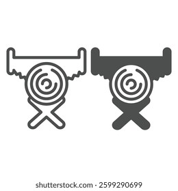 Support stand and log with manual saw line and solid icon, forest industry concept. Vector graphics. Tree log sawing, wood work sign on white background, outline style icon for mobile or web design