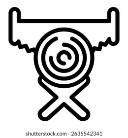 Suporte e registro com ícone de linha de serra manual, conceito da indústria florestal. Gráficos vetoriais. Árvore serra log, madeira trabalho sinal no fundo branco, estilo móvel ou design