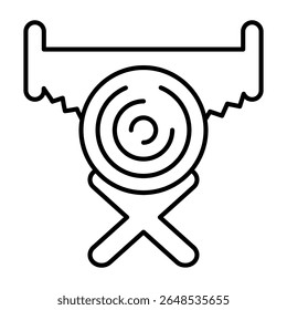 Suporte de suporte e registro com ícone de linha fina serra manual, conceito da indústria florestal. Gráficos vetoriais. Árvore serra log, madeira trabalho sinal no fundo branco, estilo móvel ou design