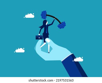 Support strength. Businesswoman holding dumbbells on support hand. vector
