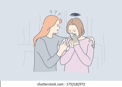 Support, stress, depression, frustration concept. Young daughter hugging soothing sad depressed frustrated crying adult woman mother holding shoulders and discussing problems. Family care and empathy.