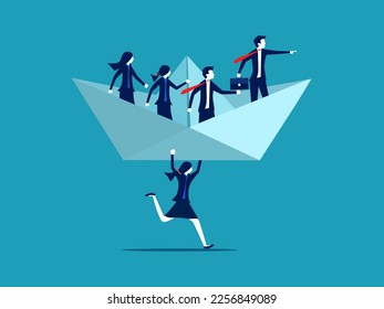 Support for success. Businessman manager lifting paper boat with team colleagues