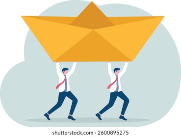 Support for success. Businessman manager lifting paper boat with team colleagues
