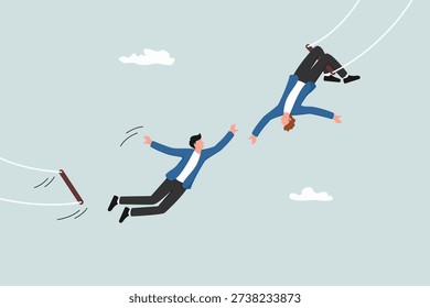 Support for success in work, collaboration or teamwork, helping each other to achieve the target concept, businesspeople do trapeze attractions by jumping and being caught by their partners.