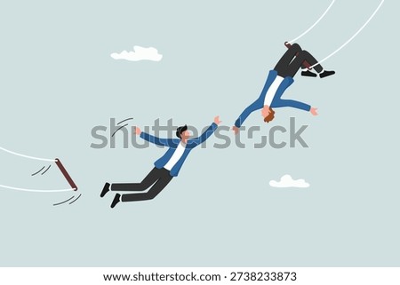 Support for success in work, collaboration or teamwork, helping each other to achieve the target concept, businesspeople do trapeze attractions by jumping and being caught by their partners.