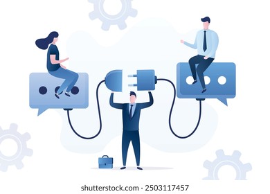 Support for successful negotiations, assistance in finding solution. Communicate to solve problem, discussion or meeting. Smart businessman help connect plug between business people conversation.