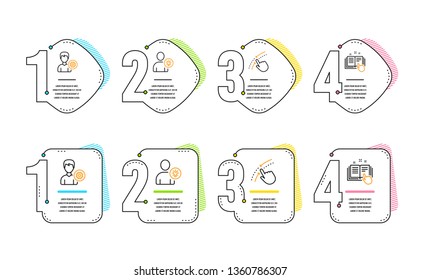 Support, Swipe up and User idea icons simple set. Technical documentation sign. Edit profile, Touch down, Light bulb. Manual. People set. Infographic timeline. Line support icon. 4 options or steps