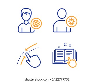 Support, Swipe up and User idea icons simple set. Technical documentation sign. Edit profile, Touch down, Light bulb. Manual. People set. Linear support icon. Colorful design set. Vector
