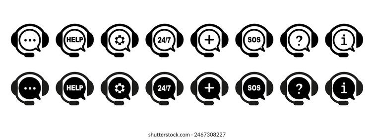 Símbolos de Asistencia con burbuja de voz y auriculares en negro. Iconos de línea de acceso directo. colección de icono de Asistencia