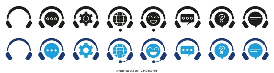 Support symbols with speech bubble and headphones in black. Hot line icons. Support icon collection