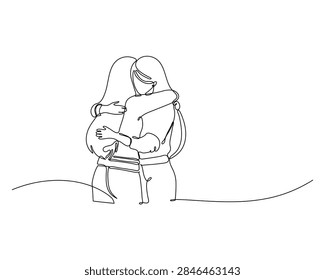 Support system concept is visualized in a minimalist continuous line art drawing of two people hugging to show empathy and mental health care
