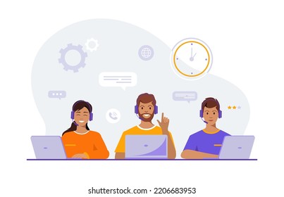 Support team. Call center support. Call center operators, customer service team. Customer service and communication. Concept of customer service and communication.