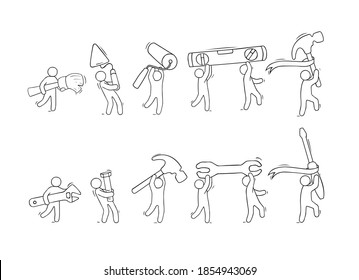 Support team. Doodle cartoon little men and tools. Hand drawn vector illustration for business design.