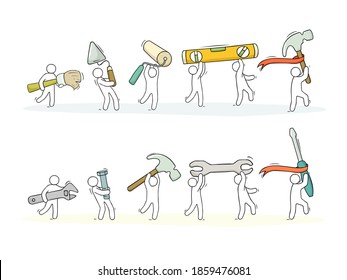 Support team. Doodle cartoon little men and tools. Hand drawn vector illustration for business design.