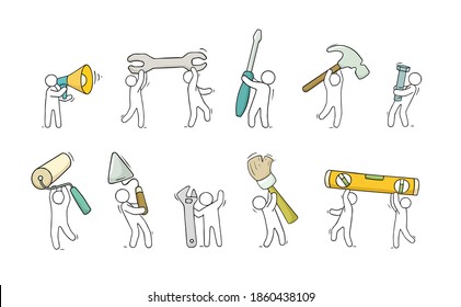Support team. Doodle cartoon little men and tools. Hand drawn vector illustration for business design.