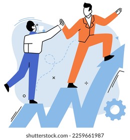 Support and teamwork, help in overcoming obstacles. Team building and partnership concept. Increasing motivation, way to achieve goal. Career climbing and supporting with giving helping hand