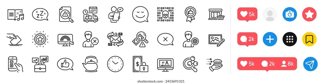 Support, Teapot and Marketplace line icons pack. Social media icons. Fraud, Photo edit, Food delivery web icon. Positive feedback, Reject, Winner star pictogram. Time, Search document, Sleep. Vector