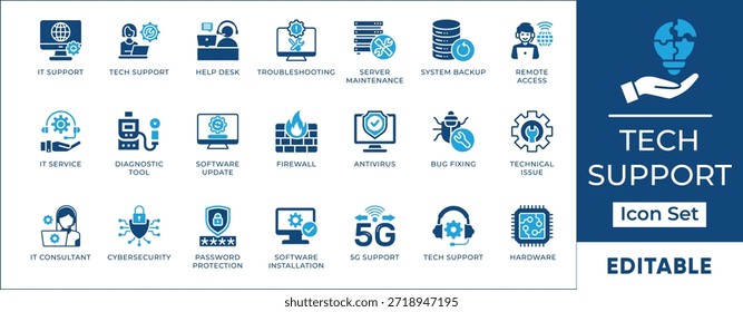 IT Support and Technical Service Vector Glyph Icons. Two-tone set featuring help desk, cybersecurity, server maintenance, firewall, and troubleshooting symbols.
