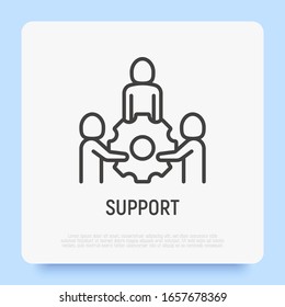 Support thin line icon. Group of people holding big cogwheel by hands. Teamwork, partnership, business cooperation. Modern vector illustration.