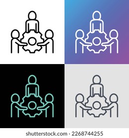 Unterstützt das Symbol für dünne Linie. Gruppe von Leuten, die ein großes Zahnrad von Hand halten. Teamwork, Partnerschaft, Unternehmenskooperation. Moderne Vektorgrafik.