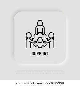 Support thin line icon. Group of people holding big cogwheel by hands. Teamwork, partnership, business cooperation. Modern vector illustration.
