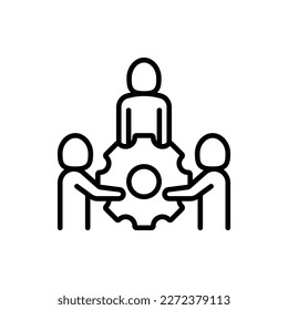 Support thin line icon. Group of people holding big cogwheel by hands. Teamwork, partnership, business cooperation. Modern vector illustration.