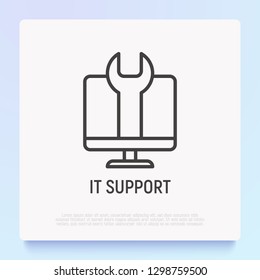 IT support thin line icon: wrench on screen. Modern vector illustration for technical repair.