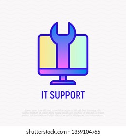 IT support thin line icon: wrench on screen. Modern vector illustration for technical repair.