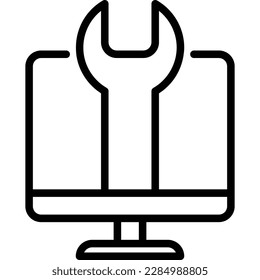 IT support thin line icon, wrench on screen. Modern vector illustration for technical repair.