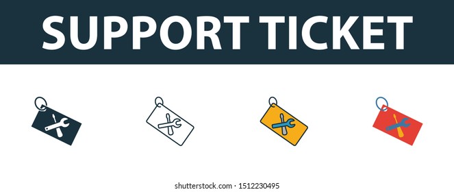 Support Ticket icon set. Four elements in diferent styles from web hosting icons collection. Creative support ticket icons filled, outline, colored and flat symbols.
