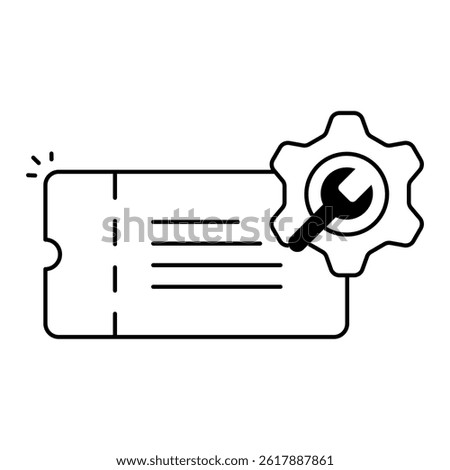 Support Ticket Management. Ticket icon with gear and wrench for customer request tracking and handling