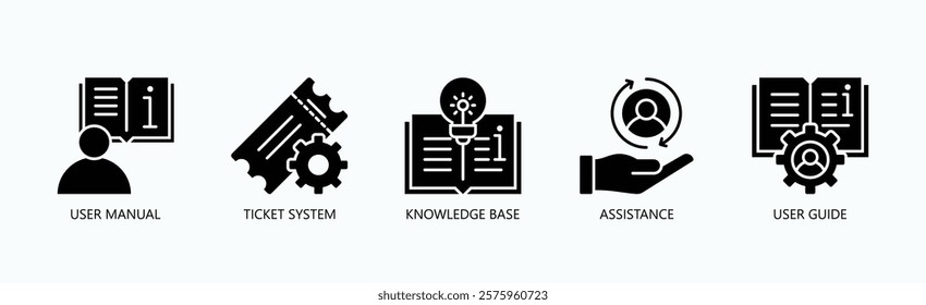 Support Toolkit Icon Set Isolated Vector With Icon Of Knowledge Base, User Manual, Ticket System, Assistance, User Guide In Glyph Style