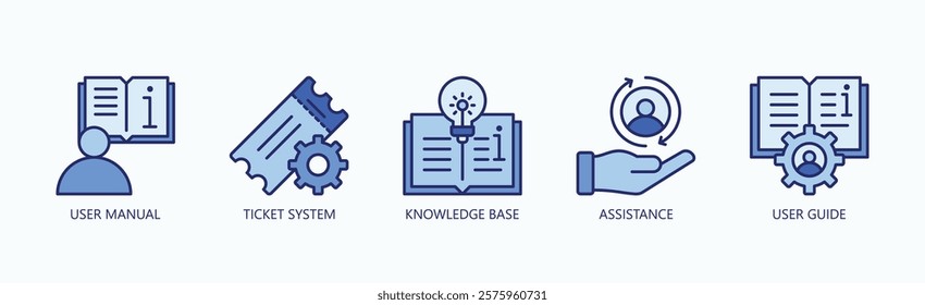 Support Toolkit Icon Set Isolated Vector With Icon Of Knowledge Base, User Manual, Ticket System, Assistance, User Guide In Blue Style