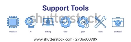 Support Tools web banner icon vector illustration concept featuring Processor,AI,Setting,Gear,gear,Tools and Briefcase in a collection set.