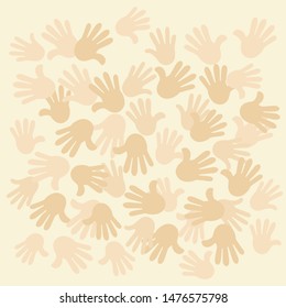 Support, trust concept. Background with lot of human's palms. Vector illustration, flat design cartoon style. Top view.