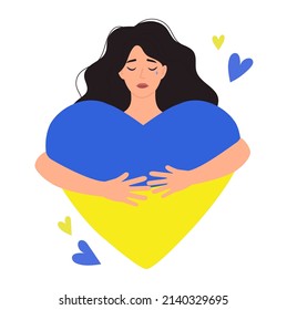 Support Ukraine 2022 concept. Stop War cartoon illustration. Flat style sad girl holding a heart. UA heart flag. Peace to Ukraine design. Vector illustration.