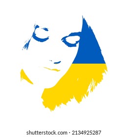 Support Ukraine. Blue and yellow colors of ukrainian flag.  Portrait of young girl. Graffiti stencil face. Graffiti stencil face.  NO WAR, STOP WAR concept Vector