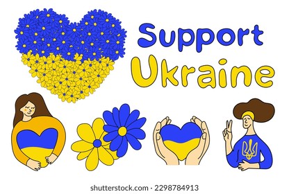 Unterstützung Ukraine Cartoon Illustration in Farben der ukrainischen Flagge. Beten Sie für die Ukraine Konzept Design-Herzelement für Aufkleber Medien. Doodle einfache Skizze Stil flach handgezeichnet Vektorgrafik