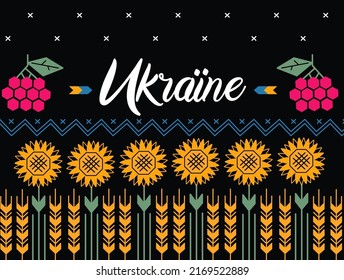 Support Ukraine concept. Decorative poster with Ukrainian symbols, folk ornaments on black background. Vector illustration. trendy modern design with folk elements. Save Ukraine.