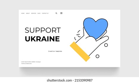 Support Ukraine concept. Hand with blue heart. Pray for Ukraine. Landing page