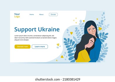 Support Ukraine Concept. Two Women Hugging Sad In Clothes With Colors Of The Ukrainian Flag. Vector Illustration, Web, Concept In Flat Style. 