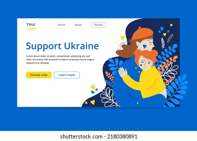 Support Ukraine concept web. Woman hugging a sad child. Ukrainian colored vector illustration in flat style.