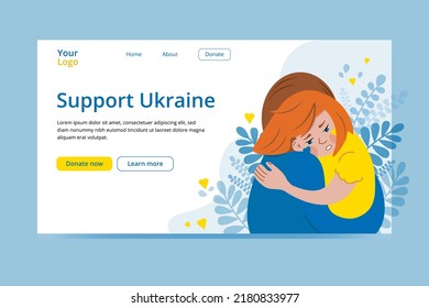 Support Ukraine concept web. Woman hugging a sad child in blue, yellow clothes. Vector illustration in flat style.