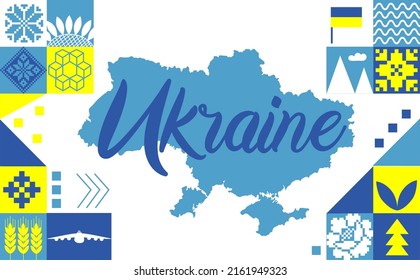 Support Ukraine content. Map of Ukraine. Ukrainian flag and map with typography and blue yellow color theme. Symbols, folk elements and embroidery background. Trendy design. Banner or poster.