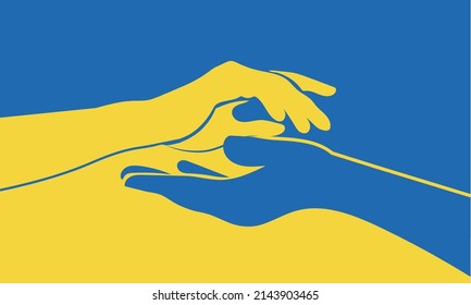 Apoyo a Ucrania. Icono de abrazo, abrazos de armas en colores de Ucrania, guerra en Ucrania, ataque de Rusia. Papercut, las manos abrazan la plantilla del logotipo del vector lineal. Cuidado, amor y símbolo de caridad, papel de mano