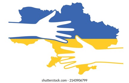 Support for Ukraine. Embrace icon, arms hugging in colors of Ukraine , War in Ukraine, attack from Russia. Papercut, hands hug linear vector logo template. Care, love and charity symbol, hand papercut