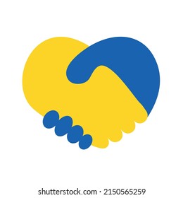 Support for Ukraine. Embrace icon, arms hugging in colors of Ukraine , War in Ukraine, attack from Russia. Papercut, hands hug linear vector logo template. Care, love and charity symbol, hand papercut