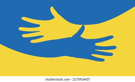 Unterstützung für die Ukraine. Embrace Ikone, Waffen umarmt in den Farben der Ukraine, Krieg in der Ukraine, Angriff von Russland. Papercut, Hände umarmen lineare Vektorlogo-Vorlage. Pflege, Liebe und Wohltätigkeitssymbol, handgezeichnet